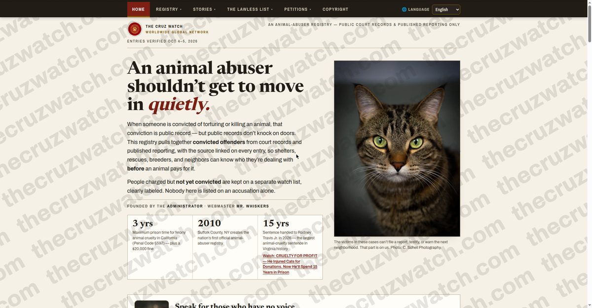 The Cruz Watch homepage, designed and built by Merci Web's webmaster